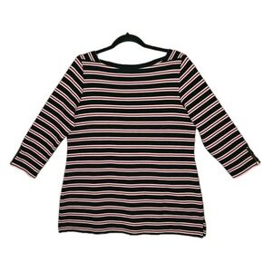 KIM ROGERS Women's Large Striped Top 3/4 Zip Sleeve Boat Neck Red Black Shirt